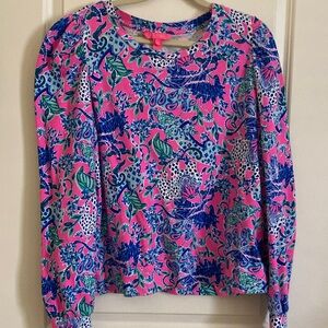 Lilly Pulitzer Pink Floral-Pattern Puff Sleeve Sweatshirt